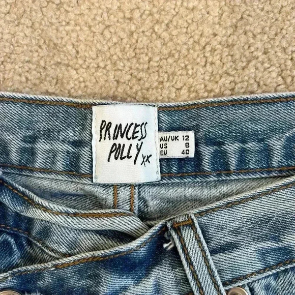 Princess Polly Xena Denim Shorts Blue Asymmetrical Cut Off Cotton Size 8 - Picture 4 of 5